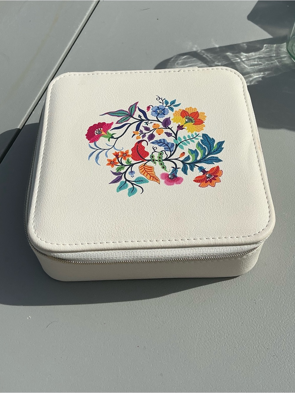 Floral Embroidered White Jewelry Case
